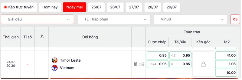 Soi kèo Timor Leste vs Việt Nam qua tỷ lệ